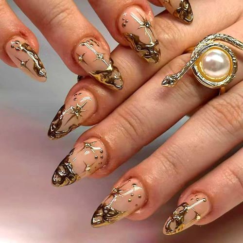 24PCS Gold French Tip Almond Press-On Nails with 3D Chrome & Star-Moon Design