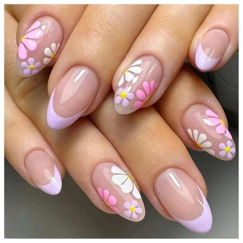 Flower Press-On Nails | Short Almond French Tip Fake Nails | Colorful Floral Acrylic Nails | Nude Pink Full Cover Glue-On Nails | 24 Pcs Set