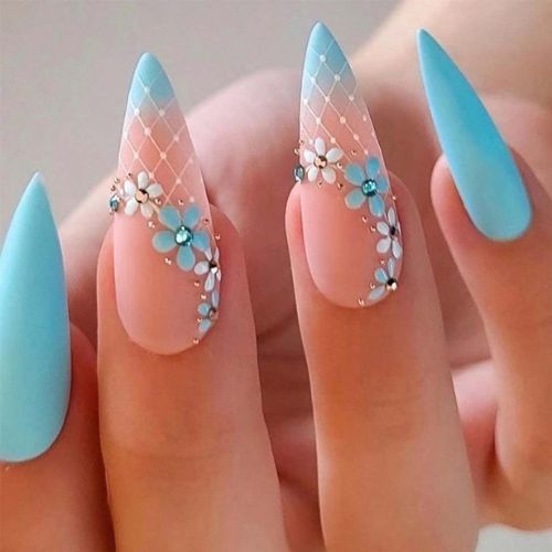 Long Almond Press-On Nails | Blue Matte Acrylic Nails with Flower Design