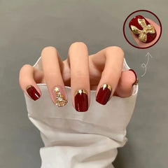 Red Square Press-On Nails with Bow & Pearl Charm - 24pcs Christmas & Holiday Nail Art