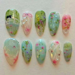 Almond Press-On Nails | Blue Green Cat & Flower Design – 24PCS Stiletto Full Cover