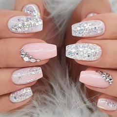 Silver Glitter Press-On Nails with Rhinestones – Medium Square, Pink & White, Reusable Glue-On Kit for Women & Girls