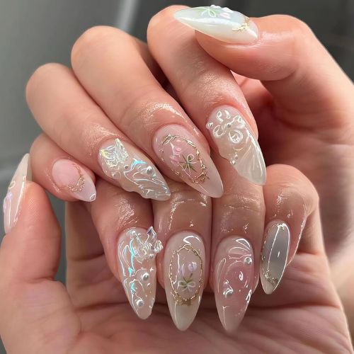 3D Handmade Press-On Nails | Butterfly & Flower Design – Almond Shape, 24PCS