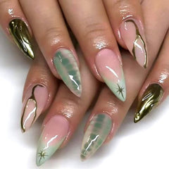 30PCS Green French Tip Almond Press-On Nails with Gold Line & Star Design – Glossy Full Cover