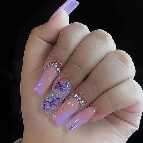 24Pcs Coffin Press-On Nails – Rhinestone French Tips, Purple Glitter, Glossy Finish