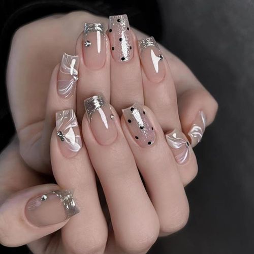 24Pcs Silver Press-On Nails – Medium French Square with Dot Design, Full Cover