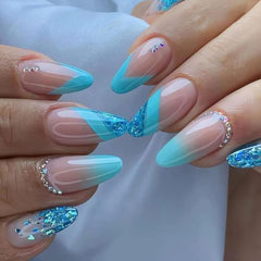 Almond French Press-On Nails – Blue Glitter Gradient with Rhinestones, Full Cover Acrylic, 24 Pcs