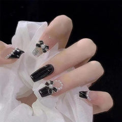 lack Bow & Pearl Coffin Press-On Nails | Medium Length – 24PCS Reusable