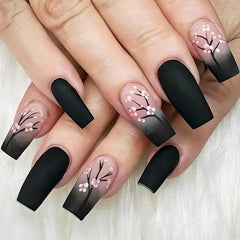 Black Gradient Winter Blossom Press-On Nails – Glossy Pink & Plum, Medium Square, 24 Pcs