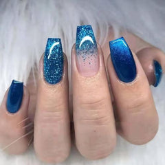 Blue Ombre Coffin Press-On Nails | Sparkly Glitter Ballerina Design – 24PCS