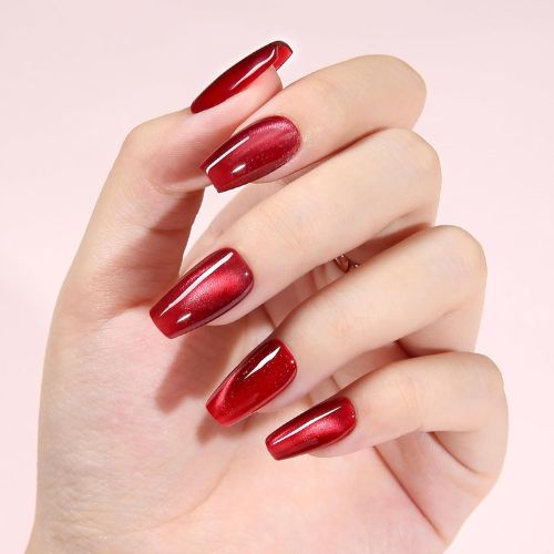 Reusable Cat Eye Press On Nails – Red Glitter Coffin Shape, 10Pcs with Nail Ki