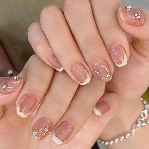 French Tip Press-On Nails | Shiny Rhinestone Design – 24PCS Nude Square