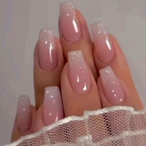 24PCS Bling Coffin Press-On Nails – Gradient Pink Full Cover for Women & Girls