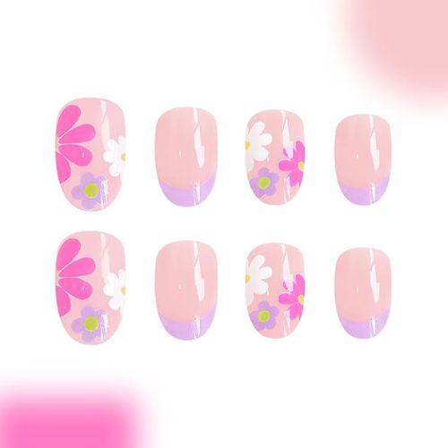 Flower Press-On Nails | Short Almond French Tip Fake Nails | Colorful Floral Acrylic Nails | Nude Pink Full Cover Glue-On Nails | 24 Pcs Set