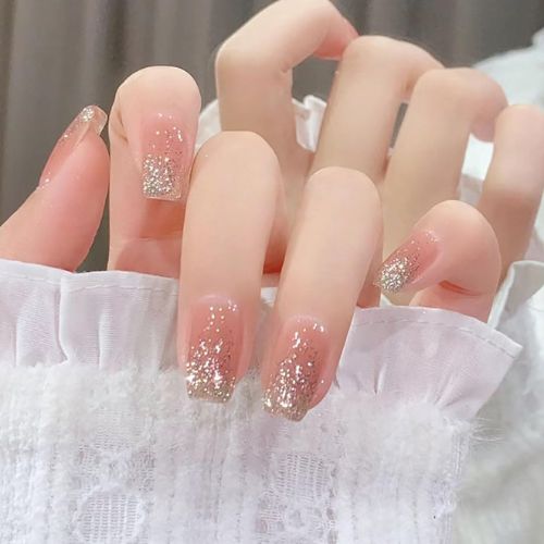 24-Piece Press-On Nails Set – Medium & Long Square Nails, 12 Sizes, Perfect Fit, Nude Star Design