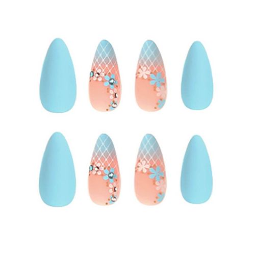 Long Almond Press-On Nails | Blue Matte Acrylic Nails with Flower Design