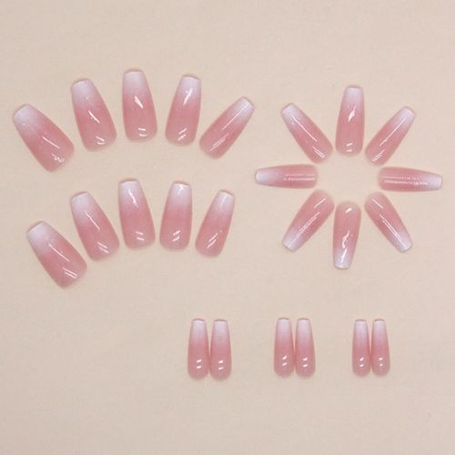 24PCS Bling Coffin Press-On Nails – Gradient Pink Full Cover for Women & Girls