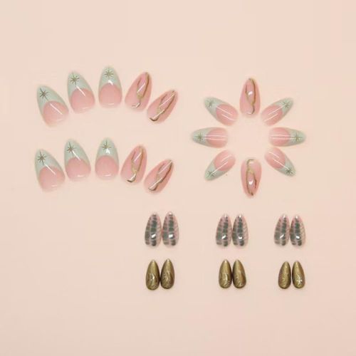 30PCS Green French Tip Almond Press-On Nails with Gold Line & Star Design – Glossy Full Cover