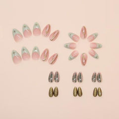 30PCS Green French Tip Almond Press-On Nails with Gold Line & Star Design – Glossy Full Cover