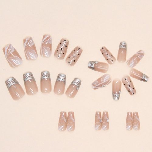 Silver French Press-On Nails | Full Cover Square Tips - 24PCS