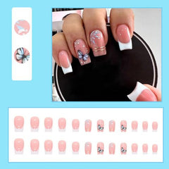 24Pcs French Butterfly Press-On Nails – Medium Length, Square & Coffin, White Tips & Nude Pink Base