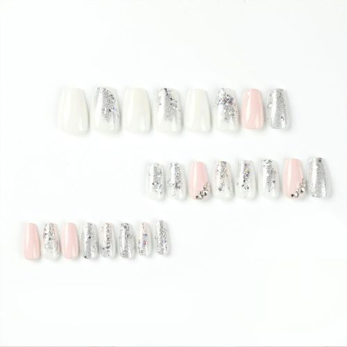 Silver Glitter Press-On Nails with Rhinestones – Medium Square, Pink & White, Reusable Glue-On Kit for Women & Girls