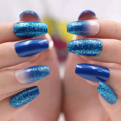 Blue Ombre Coffin Press-On Nails | Sparkly Glitter Ballerina Design – 24PCS