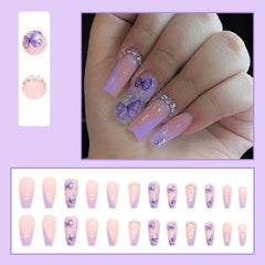 24Pcs Coffin Press-On Nails – Rhinestone French Tips, Purple Glitter, Glossy Finish