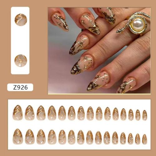 24PCS Gold French Tip Almond Press-On Nails with 3D Chrome & Star-Moon Design