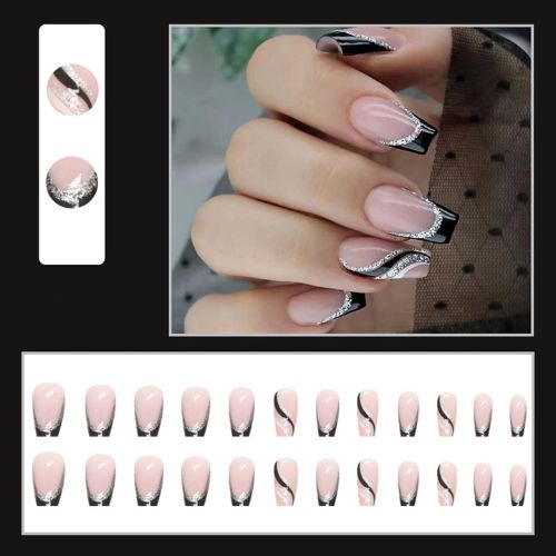 Black French Tip Press-On Nails – Silver Glitter Line, Medium Square Coffin, 24 Pcs