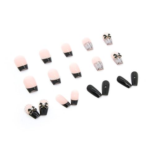 lack Bow & Pearl Coffin Press-On Nails | Medium Length – 24PCS Reusable