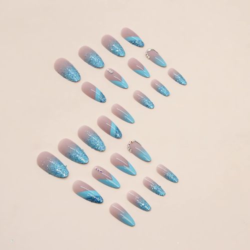 Almond French Press-On Nails – Blue Glitter Gradient with Rhinestones, Full Cover Acrylic, 24 Pcs