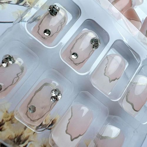 French Tip Press-On Nails | Shiny Rhinestone Design – 24PCS Nude Square