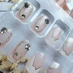 French Tip Press-On Nails | Shiny Rhinestone Design – 24PCS Nude Square