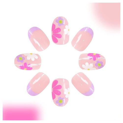 Flower Press-On Nails | Short Almond French Tip Fake Nails | Colorful Floral Acrylic Nails | Nude Pink Full Cover Glue-On Nails | 24 Pcs Set