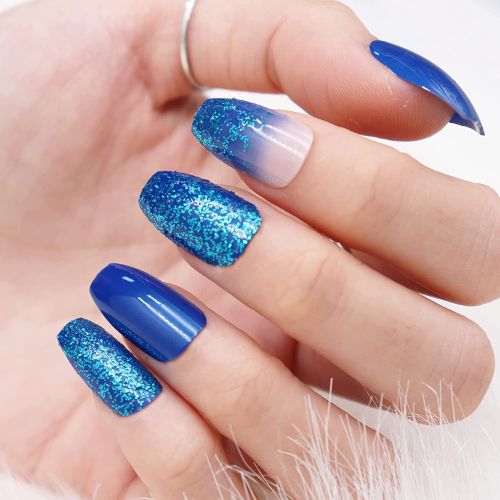 Blue Ombre Coffin Press-On Nails | Sparkly Glitter Ballerina Design – 24PCS