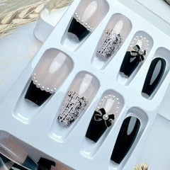 lack Bow & Pearl Coffin Press-On Nails | Medium Length – 24PCS Reusable