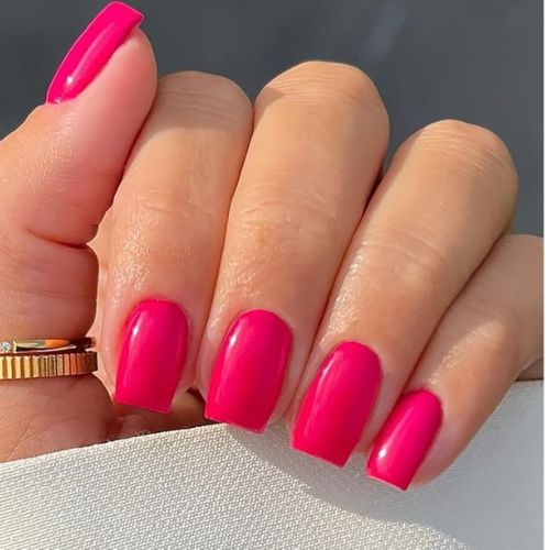 Handmade Hot Pink Gel Press-On Nails - Medium Square Shape, UV Jelly Finish, Short Acrylic Glue-On Nail Kit for Women | Easy Application Stick-On False Nails