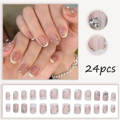 French Tip Press-On Nails | Shiny Rhinestone Design – 24PCS Nude Square