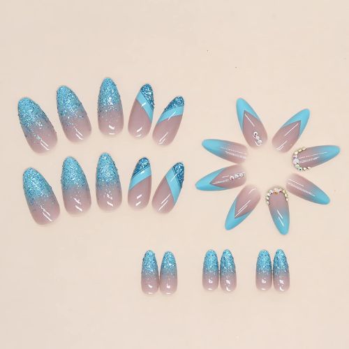 Almond French Press-On Nails – Blue Glitter Gradient with Rhinestones, Full Cover Acrylic, 24 Pcs