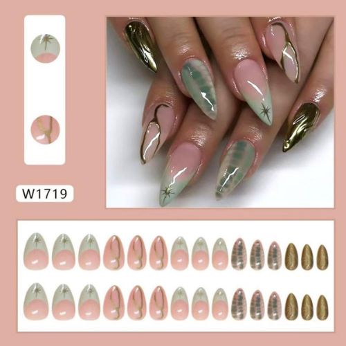 30PCS Green French Tip Almond Press-On Nails with Gold Line & Star Design – Glossy Full Cover