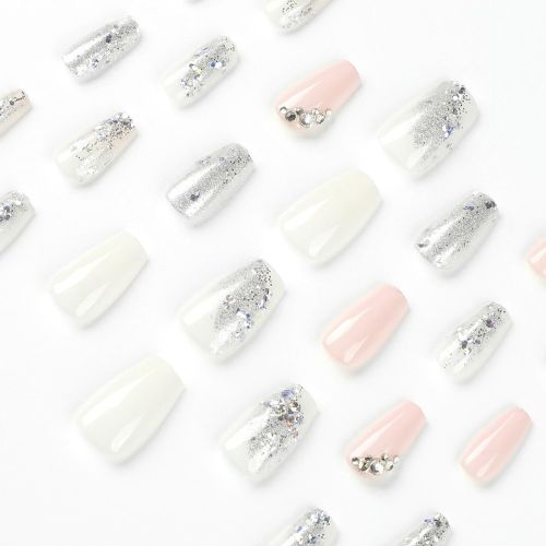 Silver Glitter Press-On Nails with Rhinestones – Medium Square, Pink & White, Reusable Glue-On Kit for Women & Girls