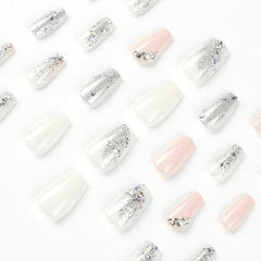 Silver Glitter Press-On Nails with Rhinestones – Medium Square, Pink & White, Reusable Glue-On Kit for Women & Girls