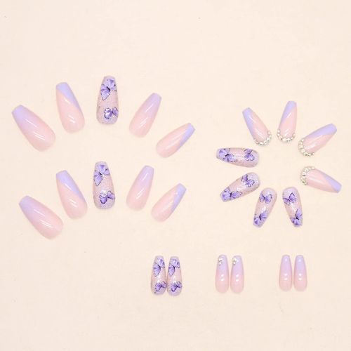 24Pcs Coffin Press-On Nails – Rhinestone French Tips, Purple Glitter, Glossy Finish