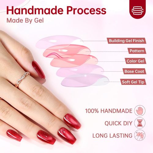 Reusable Cat Eye Press On Nails – Red Glitter Coffin Shape, 10Pcs with Nail Ki