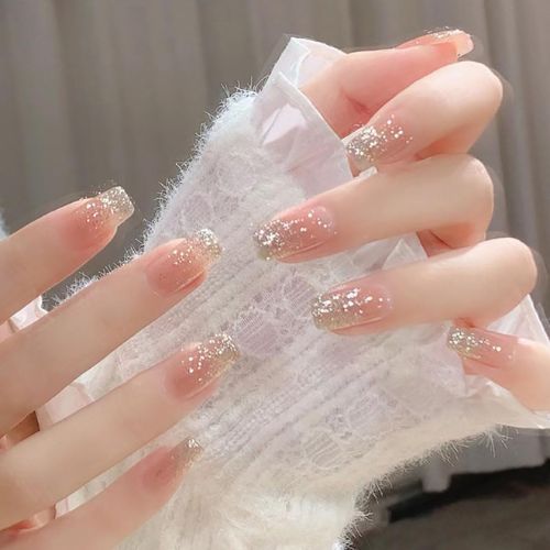 24-Piece Press-On Nails Set – Medium & Long Square Nails, 12 Sizes, Perfect Fit, Nude Star Design