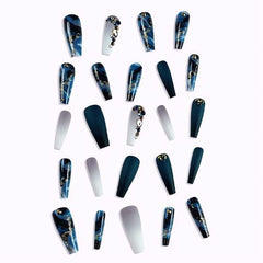 French Marble Coffin Press-On Nails | Glitter Rhinestones, Matte Finish – 24PCS