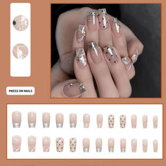 24Pcs Silver Press-On Nails – Medium French Square with Dot Design, Full Cover