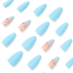 Long Almond Press-On Nails | Blue Matte Acrylic Nails with Flower Design