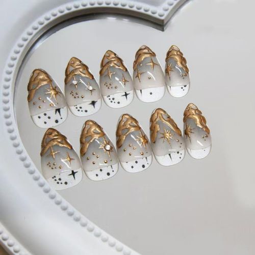 24PCS Gold French Tip Almond Press-On Nails with 3D Chrome & Star-Moon Design